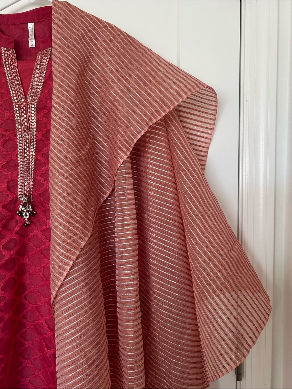 Embroidered Red Kurta Set with Striped dupatta - Picture 5 of 7